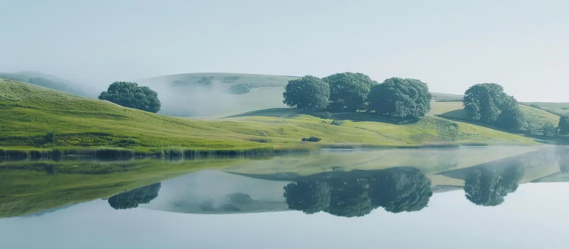 A serene natural setting with a person practising yoga.